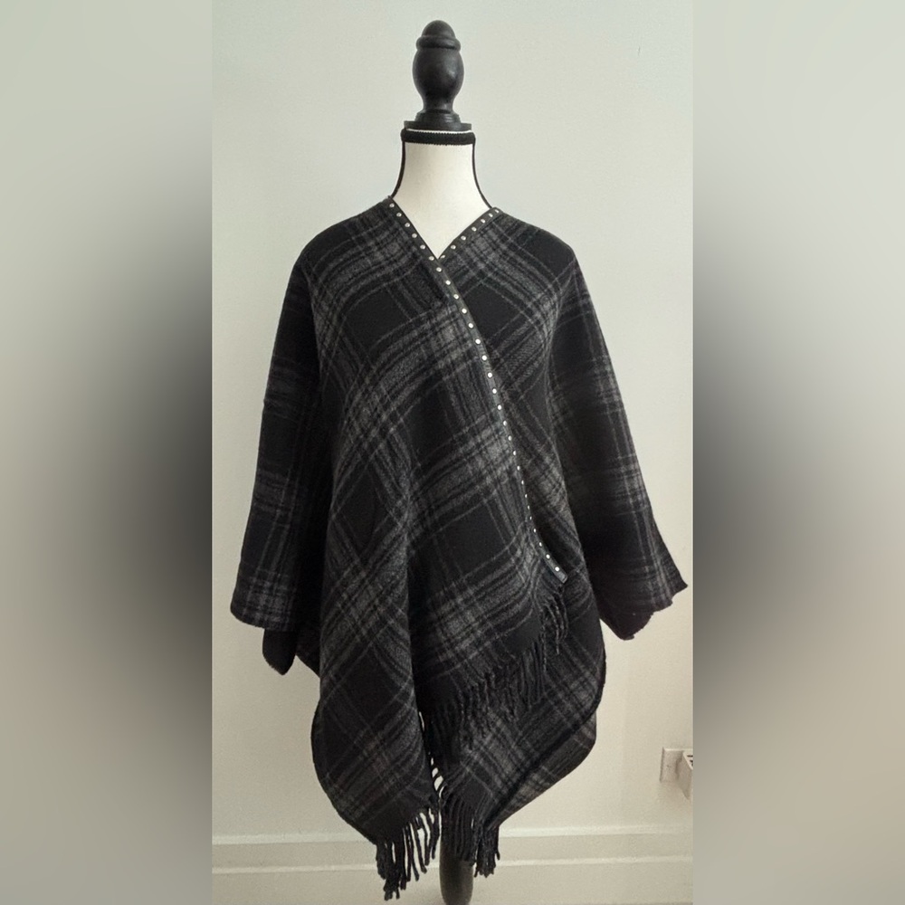 The Kooples grey black Plaid Poncho with Fringe, studs and real leather trim